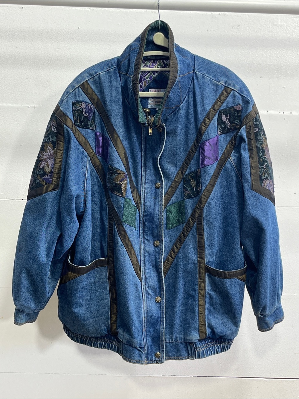 Vintage-Inspired Blue Denim Bomber Jacket with Multicolor Accents plus size